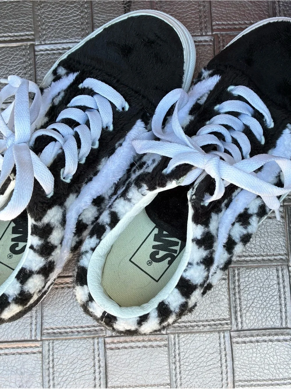 Fuzzy Black & White Checkerboard Lace-Up Sneakers
